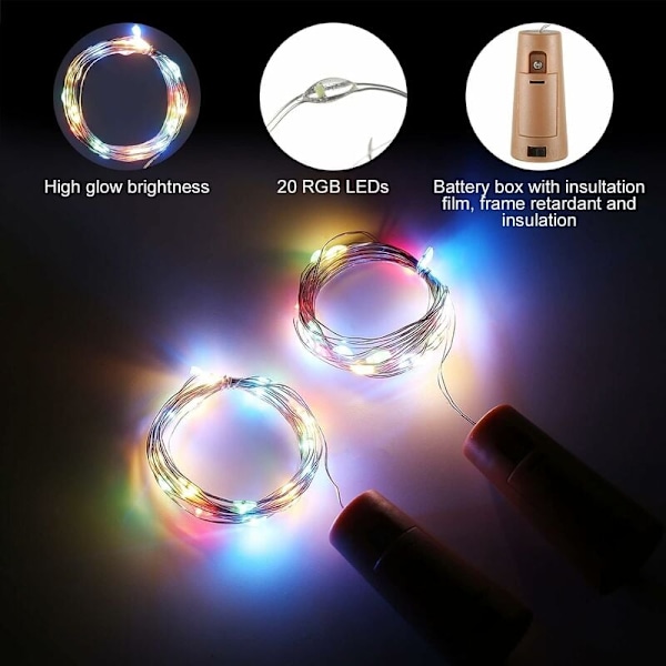 Eleganta Korkljusslingor, Romantiska Atmosfärskapare för Vinflaskor, Flerfärgade 20 LED Koppartråd Batteridrivna Mini-ljusslingor