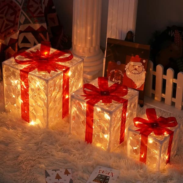 Julbelysta presentaskar, set om 3 belysta presentaskar, förbelysta presentaskar med 60 LED varmvita ljus, transparent varmvit belysning