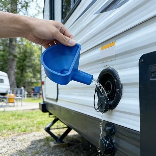 Kraftig plast tragt til autocamper vandindtag, ideel til campingeventyr Blue