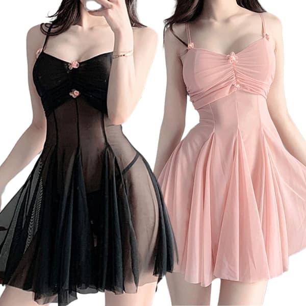 Underkläder Spaghetti Straps Nattkläder Sovkläder Mesh Chemise Mini Teddies Klänning Black One Size