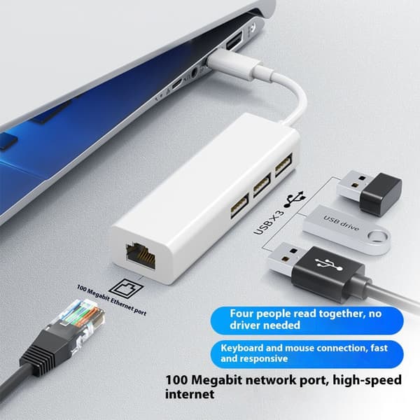 USB C/A med RJ45 Ethernet-port 3 USB2.0-slotadapter til bærbar computer og mobil null - USB A plug