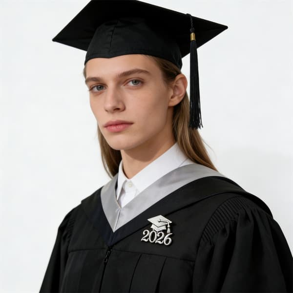 Elegant 27x23 mm studenterhuebroche i guld, sølv, sort til studerende i 2026