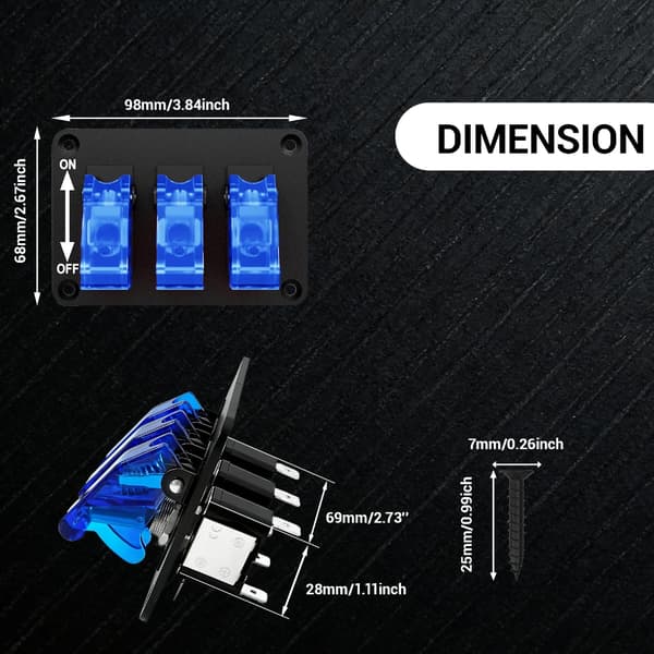 3-veis vippebryterpanel med kobber-sølvkontakter egnet for 12V/24V kretser Blue