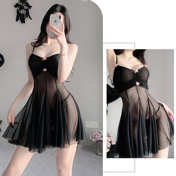 Underkläder Spaghetti Straps Nattkläder Sovkläder Mesh Chemise Mini Teddies Klänning Black One Size