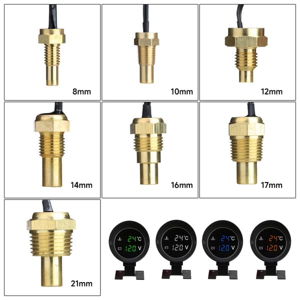 Universal Lastbils LED Voltmeter Vattentemperaturmätare Sensor Red letter 14mm sensor head