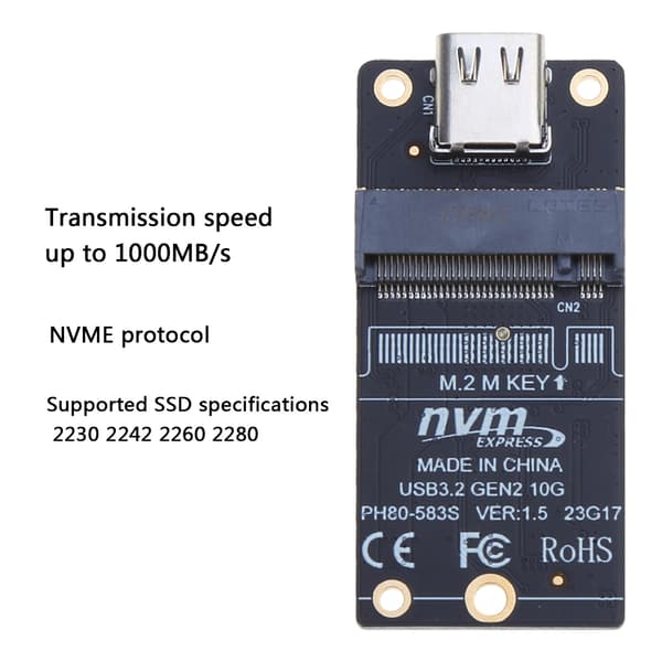 M2 NVME til USB3.1 harddiskadapterkort 10 Gbps høy ytelse JMS583 Black