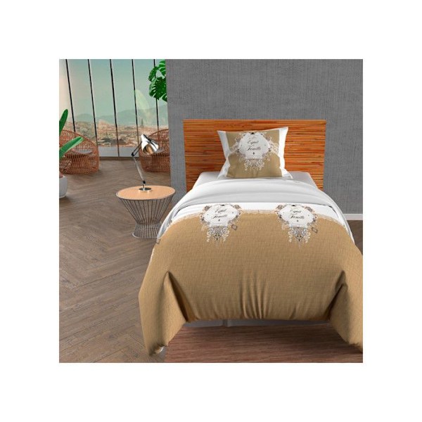 SOLEIL D'OCRE Täcke täcka Esprit de Famille 100% bomull - 1 täcke täcke 140 x200 cm + 1 örngott - Taupe Mol