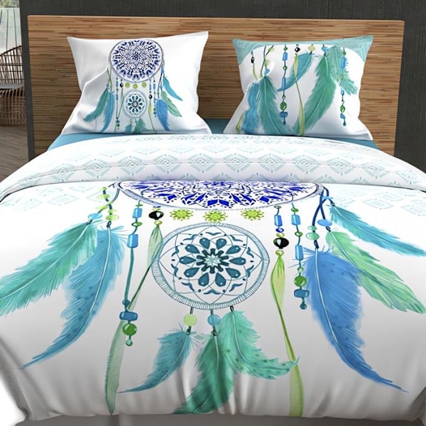 Bäddset - Songe - Dreamcatcher - Vitt och nyanser av klarblått - 240x220 cm Vitt, grönt och blått