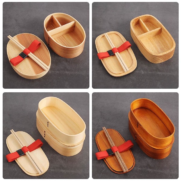 Enkel trä Bento Box 3 fack med ätpinnar Fast rem Skiljevägg Avtagbar hushållsföremål för flera ändamål