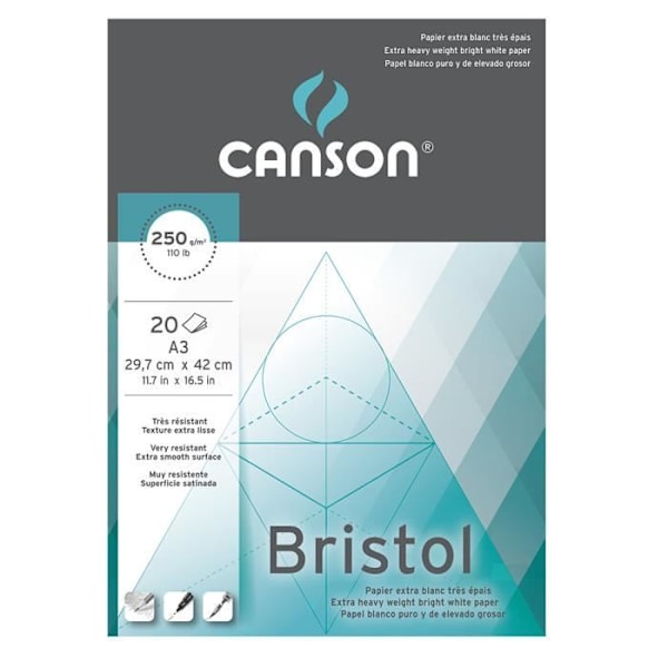 Pad 20 ark Bristol A3 papper CANSON 250g extra vit