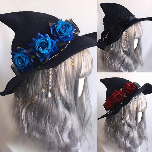 Spetsig häxhatt med blodiga rosor för Lolita-flickor lockig häxa Black bow