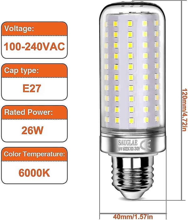 3 stk 26w LED-lyspærer, 200w, 6000k Kaldhvit, e27 Skruelyspærer