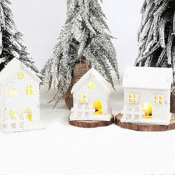 3-delad Julby Illuminerade Vit, Mini Ljus Hus Gäst Hus, Jul Lykta LED, Deco Trä Hus Skandinavisk, Jul Dekoration style3447