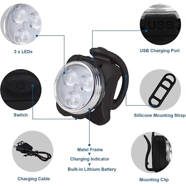 Cykelbelysningsset, Superstark USB-uppladdningsbar Vattentät Säkerhet för Mountainbike och Landsvägscykel & Lättmonterade LED-cykellampor, USB Cykelbelysning Fram & Bak (FMY)