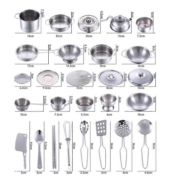 16 Delars Set Barn Lekhus Köksleksaker Köksredskap Kastruller Pannor Gåva 241191 Silver