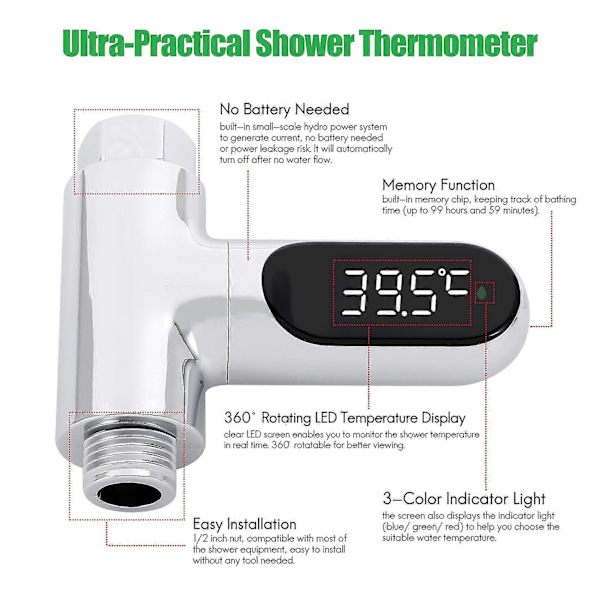 LED Display Hem Vatten Dusch Termometer - Genererande Elektricitet Vattentemperatur Mätare Monitor F