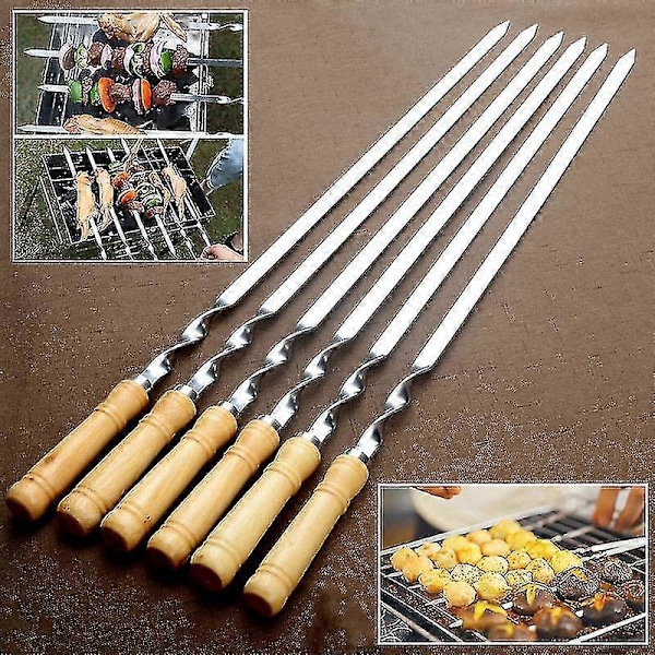 BBQ-grillspett i rostfritt stål - Set om 6 - Grillpinne med långt handtag (FMY)