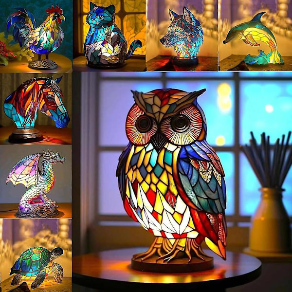 Serie Nattlampa Djur i Målat Glas, Bordslampa Djur, Målat Glas Drake/Kyckling/Katt/Varg/Delfin/Uggla/Häst/Sköldpadda Bordslampa, Målad Lampa Fo Turtle
