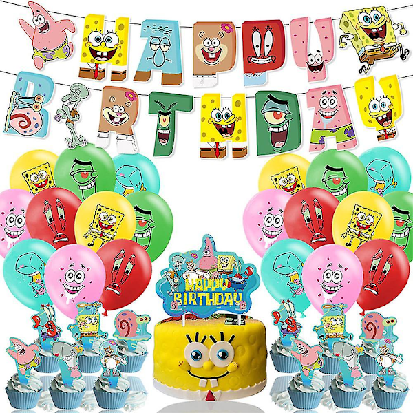 Spongebob Tema Fest Tillbehör Banner Tårtdekoration Cupcake Topper Ballonger Dekorationsset