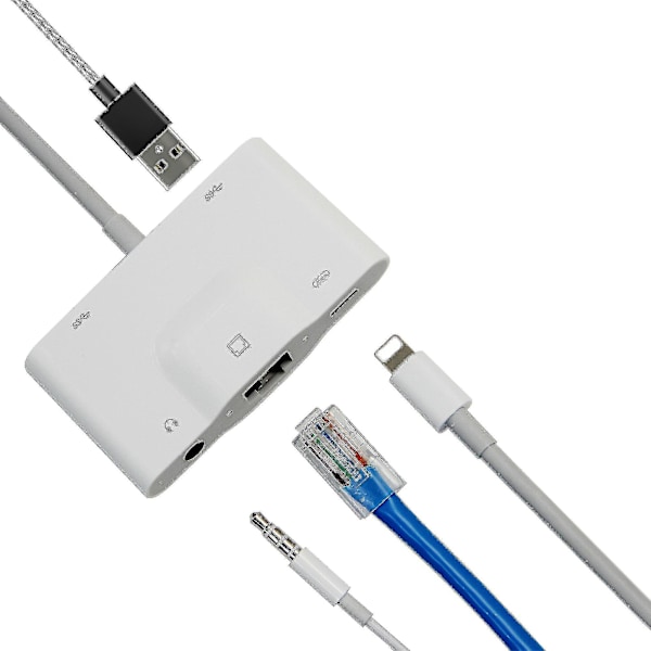 Lightning till RJ45 Ethernet LAN Trådbunden Nätverksadapter 5 i 1 USB OTG LAN RJ45 Ethernet 3,5 mm Hög Hastighetskonverterare