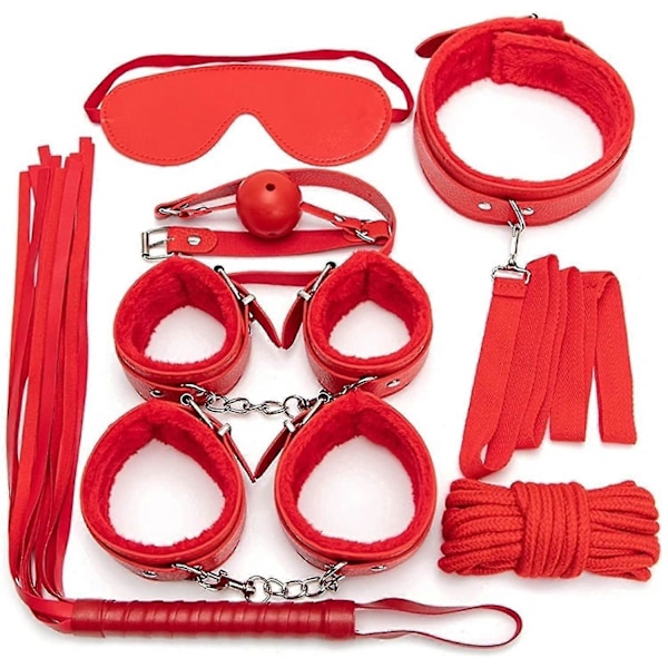 7-delars set läder Bondage Kit för vuxna - inkluderar handbojor, piska, boll, repkrage, BDSM