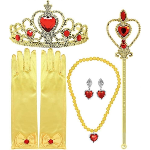 Prinsessklänning Utklädningsaccessoarer Presentförpackning för Belle Krona Scepter Halsband Örhängen Handskar, Gul, 5 Delar