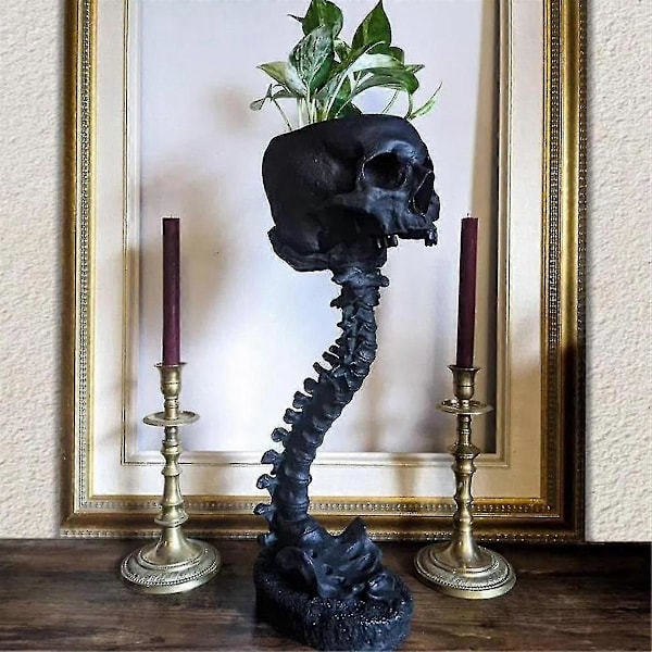 Kruka i form av dödskalle i harts & Ställ med ryggrad, Blomkruka i polyresin med dödskallar, Halloween-dekoration Retro Mänskligt dödskallehuvud Blomma