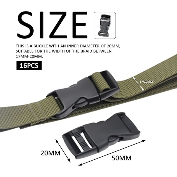 16 stykker 20 mm brede webbing spænder, sorte plastik erstatningsspænder, spænder