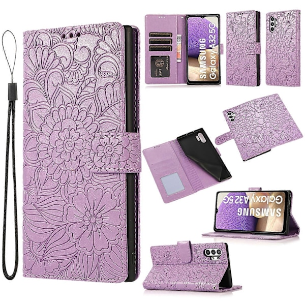 För Samsung Galaxy A32 5G Skin Feel Präglad Solros Horisontell Flip Läderfodral med Hållare & Kortfack & Plånbok & Snodd (Lila)