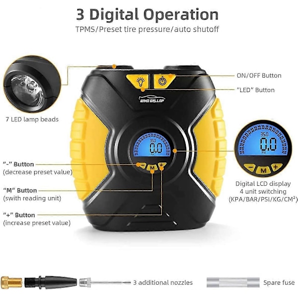 Digital Bil Däckpump Portabel Luftkompressor för Bil Däck Automatisk 12v Elektrisk Bil Luftpump för Bildäck med Däcktrycksmätare Ventil A