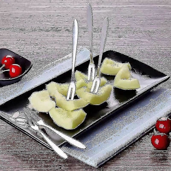 Små gafflar i rostfritt stål för cocktailtilltugg dessertfest 10 stycken 2-uddig fruktgaffel8700521896480