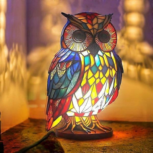 Bordslampa i form av djur i målat glas, bohemisk djurlampa i harts för sovrum, vardagsrum, hemmakontor, dekorationsgåva (Uggla) (FMY)