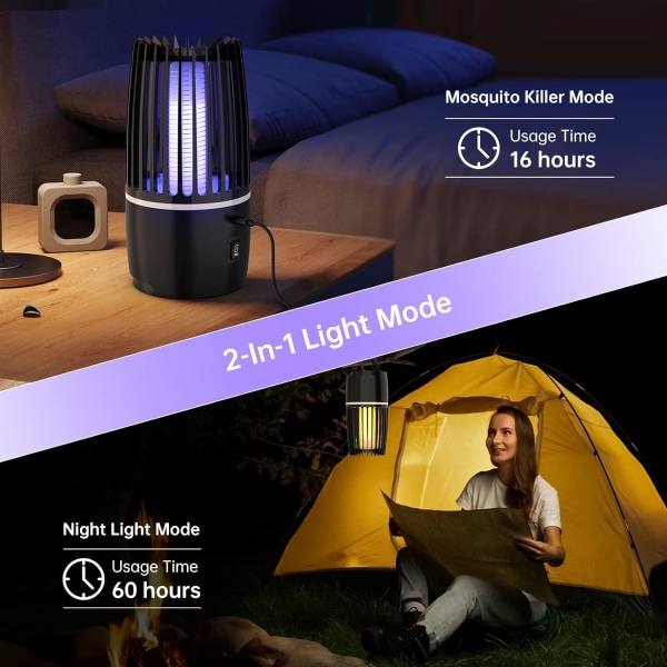 Elektriskt myggljus, 4000mAh USB uppladdningsbar myggdödare inomhus, bärbar flugdödare med nattljus, 360° attraktiv flygande insektsfälla