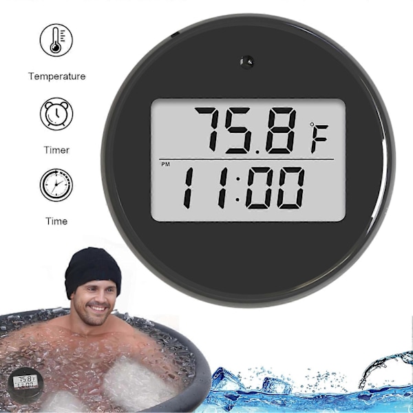 Isbadstemperaturmätare med Timer Tid Temperaturvisning IPX6 Vattentät Kallt Dopp Digital Termometer Hög Noggrannhet Flytande Vattentemperaturmätare Black