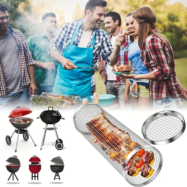 1 st Rund grill i rostfritt stål, utomhusgrillkorg, bärbar grill för matlagning utomhus
