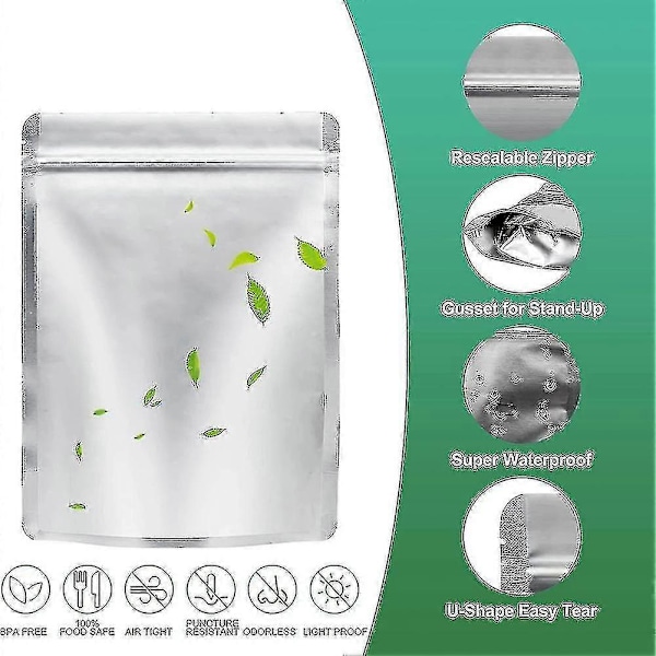 50-pack Mylar-påsar för matförvaring med syreabsorberande återförslutningsbara spannmål nötter (FMY)