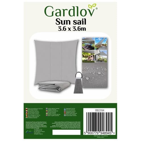 Solseil kvadratisk 3,6x3,6 m grå polyester 120 g/m² inkl. snor