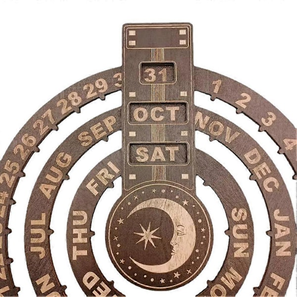 Roterande cirkulär evighetskalender i trä, retro väggdekorationer i trä för hem/kontor Moon