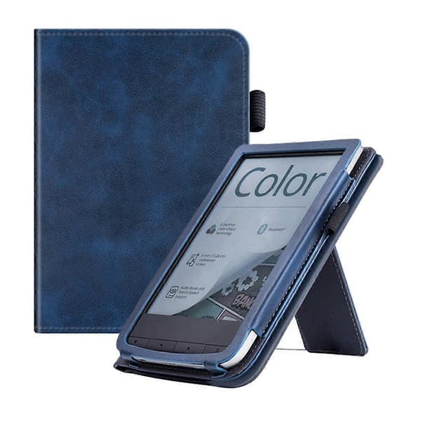 For Pocketbook Touch HD 3 E-Reader Stativdeksel Flip PU-Etui med Håndholder Mørkeblå