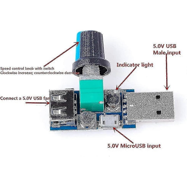 3 stk. USB Viftehastighetskontroller, mini DC 4-12v til 2.5-8v 5w Regulator Hastighetskontrollknapp med Bryter