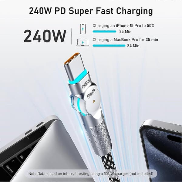 Høykvalitets helt ny USB C til USB C-kabel 10FT 240W, 180° roterende USB C-kabel