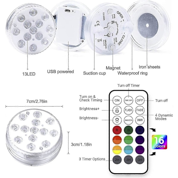 Poolbelysning Under Vatten, USB Laddningsbar, Flerfärgad RGB-13-LED Med RF Fjärrkontroll, Poollampa LED IP68 Vattentät