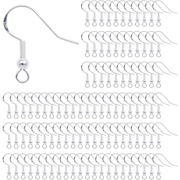 100 Stycken Örhängen Krokar 925 Sterling Silver Öronkrokar Silverplätering med Fjäderkula för DIY Smyckestillverkning