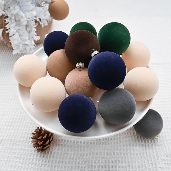12 stk. Flocked Julekugle Ornamenter Julepynt Brudsikker Mørkegrøn Multi Dark Blue Multi Small