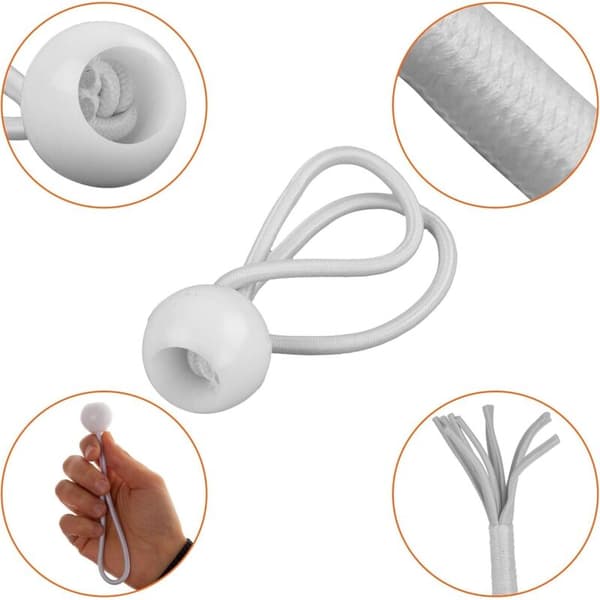 50x gummirep, set med elastiska band, elastiska krokar med plastboll, tältgummiband för presenningar, trädgårdspaviljonger, tält, hög spänning, vit