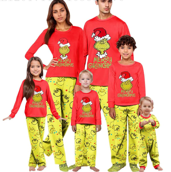 Julpyjamas Grinchen tryckt förälder-barn långärmat pyjamasset för jul hemma 0826 Mom S