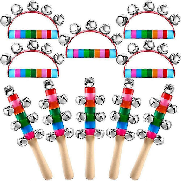 10 st Handklockor Regnbågshandtag Sleigh Bells Handhållna Träklockor Jingle Stick Shaker Rassel Musi As Shown