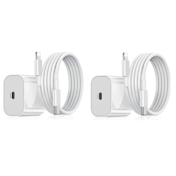Laddare USB-C kompatibel med iPhone strömadapter 20W + 2m Kabel Whit White 2-Pack för iPhone