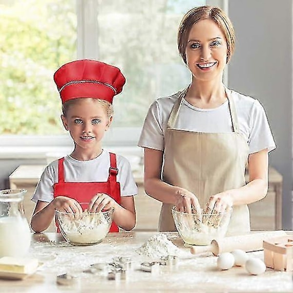 Barnförkläde och kockhattset, justerbart barnförkläde med 2 fickor för pojkar och flickor, för matlagning, bakning, målning (7-13 år)