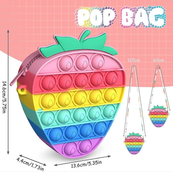 Pop Bag, 2 i 1 Push Pop Bubble Handväskor, Fidget Leksak Crossbody Väska, Regnbåge Silikon Sensoriska Leksaker Messenger Väska (Jordgubbe)(FMY)